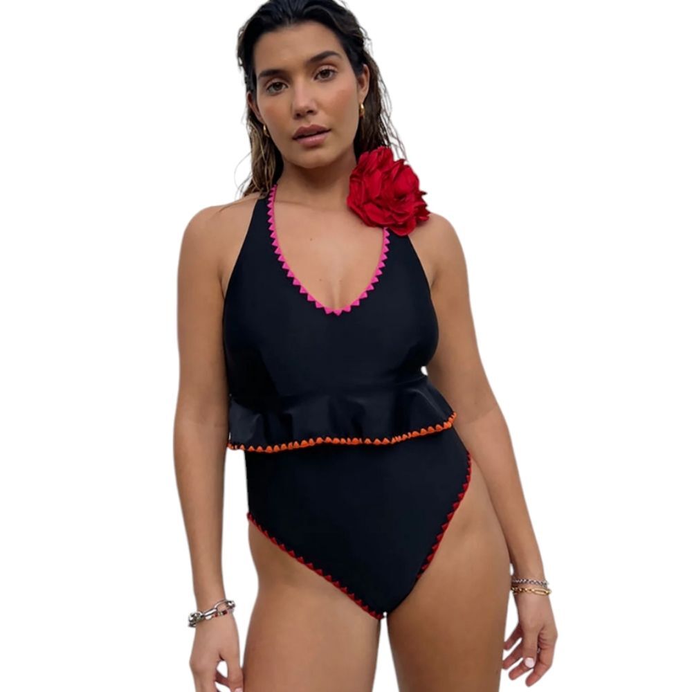 Never Fully Dressed Black One Piece with Red and Pink Accents